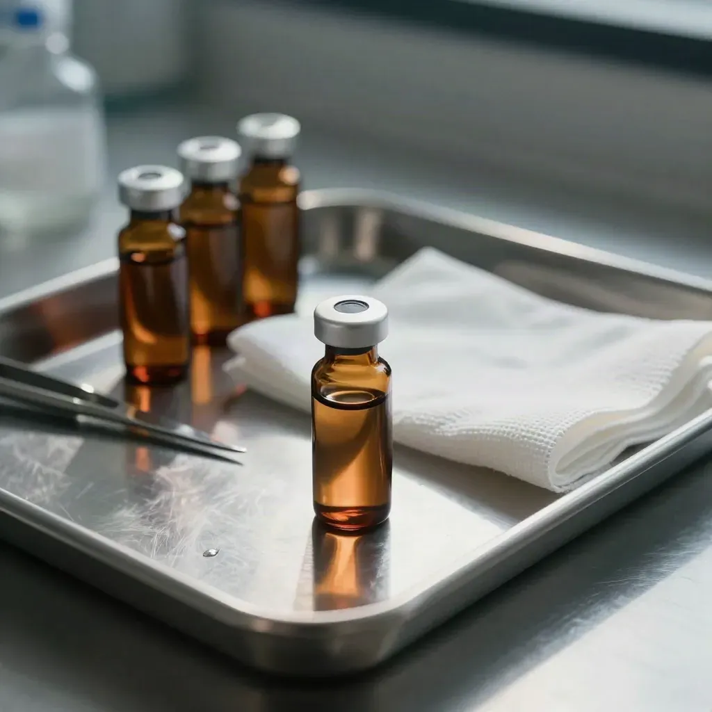 Amber vials, sterile ampoule, gauze, and a steel tray in a dim clinic prep scene.