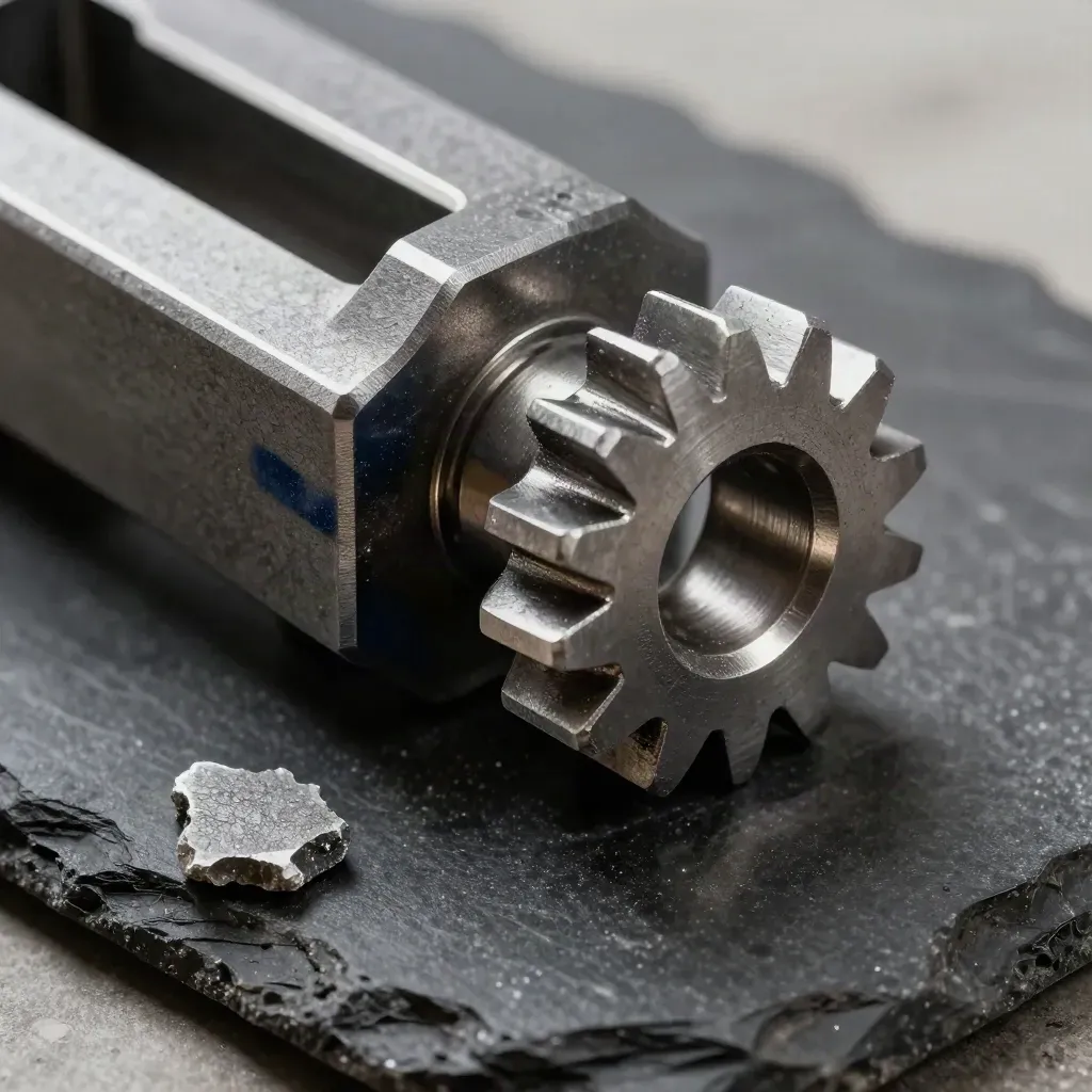 Steel gear blank, clamp block and casting shard on black stone in macro industrial still life