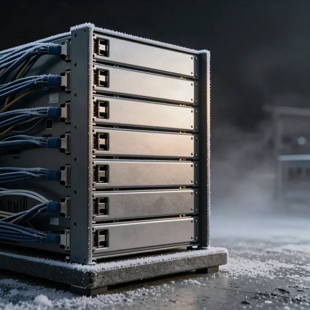 Modular server chassis on stone pedestal with frost, cables, and misty dawn light