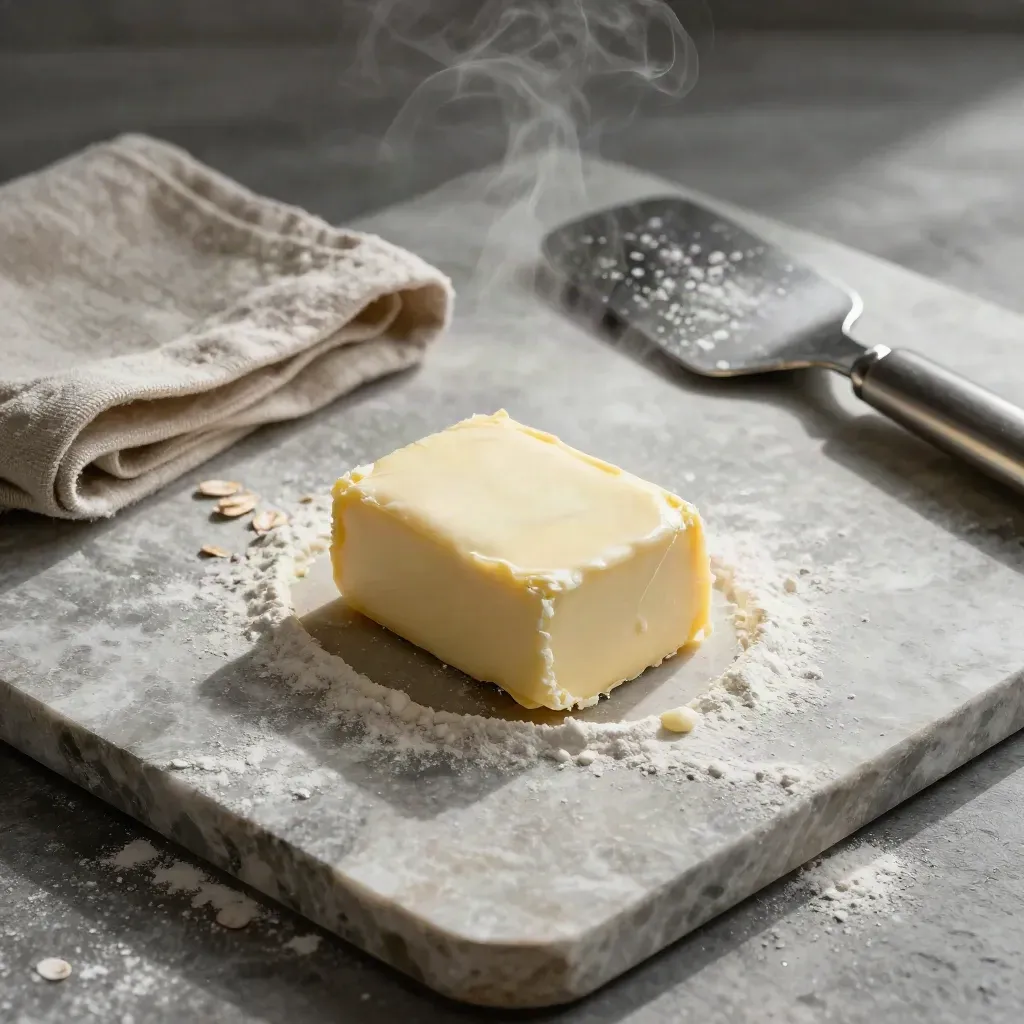 Butter, scraper, linen, and flour-dusted stone in a bakery flat lay with steam.