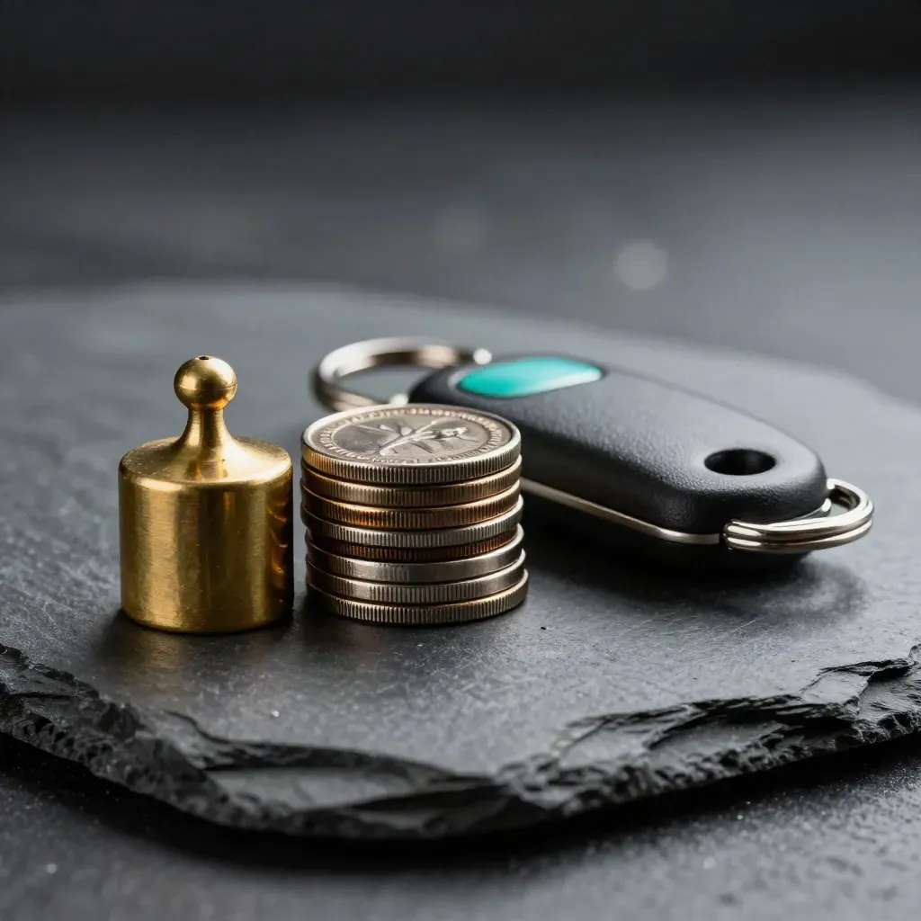 Brass weight, metal tokens and black key fob on smoked slate with teal glint