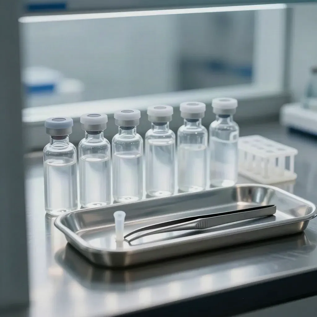 Clear lab vials, pipette tip rack, tweezers, and sterile tray on brushed steel.