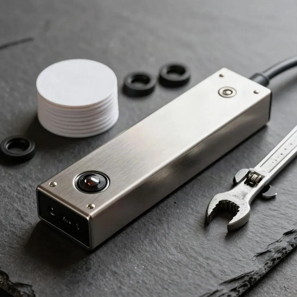 Stainless fare-gate sensor parts, RFID tokens, grommets and wrench on slate in dramatic light.