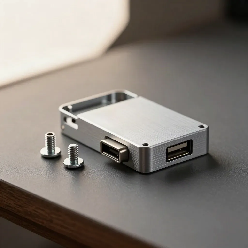 Open aluminum prototype enclosure with USB-C hub and standoffs on a graphite surface.