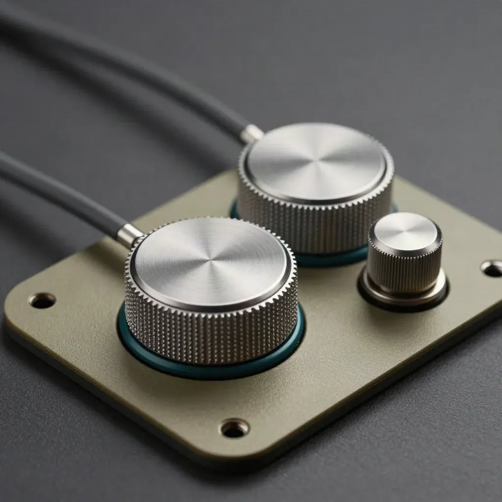 Brushed metal control dials, cable adapter and knob cluster on graphite felt under dramatic studio light