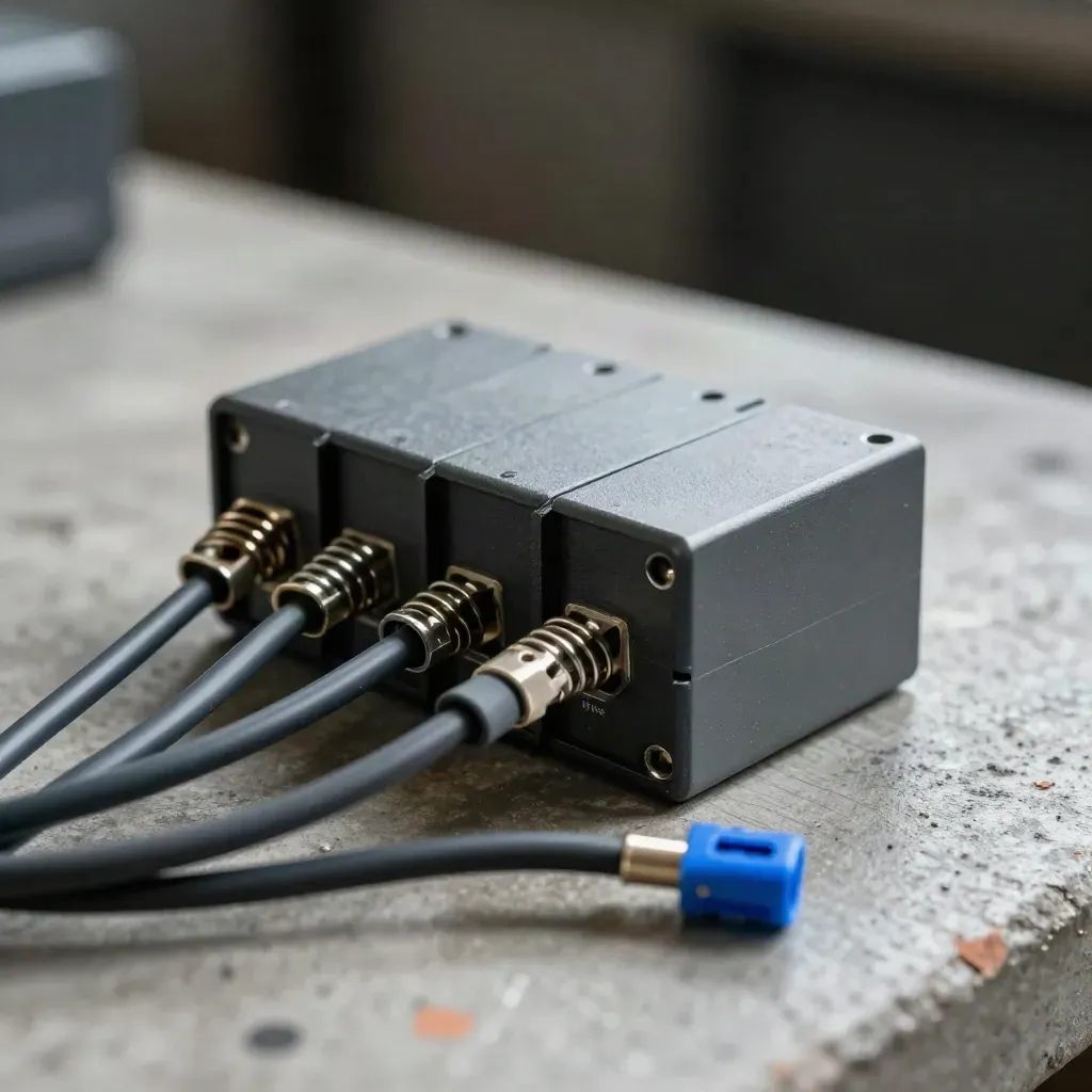 Relay module, spring clips and cable harness on concrete under raking light.