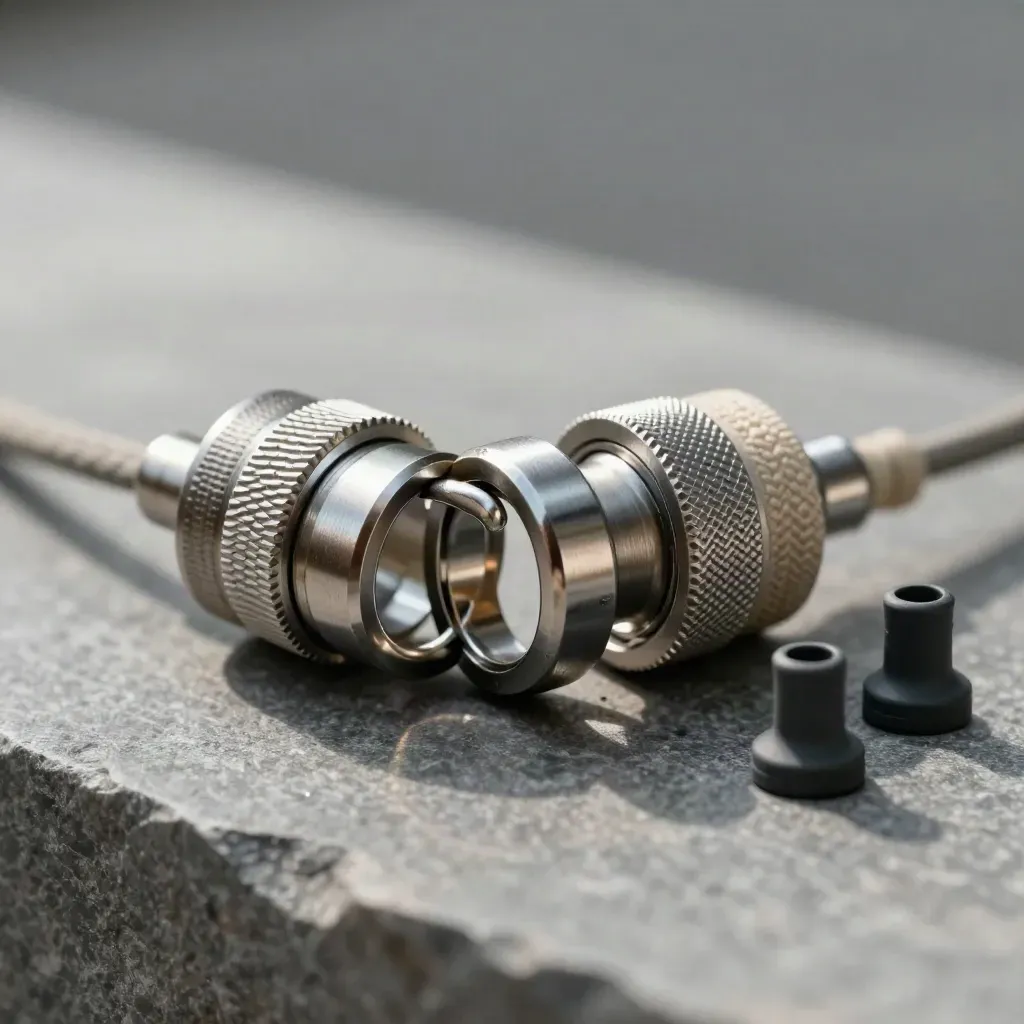 Macro still life of metal cable couplers, rings, and a braided patch cable on stone.