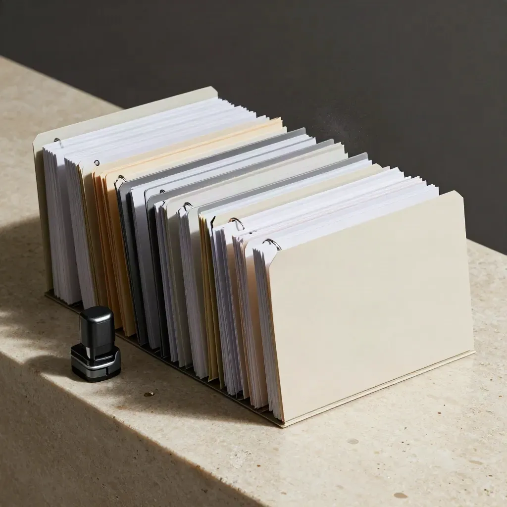 Binder rings, tabbed dividers and stamp pad on pale stone in a dramatic top-down still life