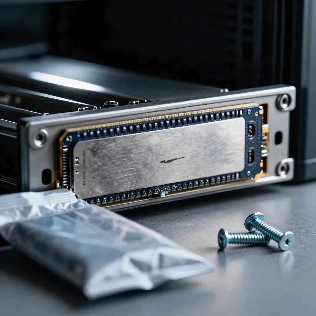 Macro of a rack sled, NVMe caddy, anti-static bag, and screws on brushed metal.