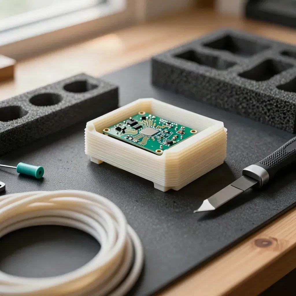 Prototype shell, circuit board, hobby knife and foam insert beside a blurred cable coil in a workshop.