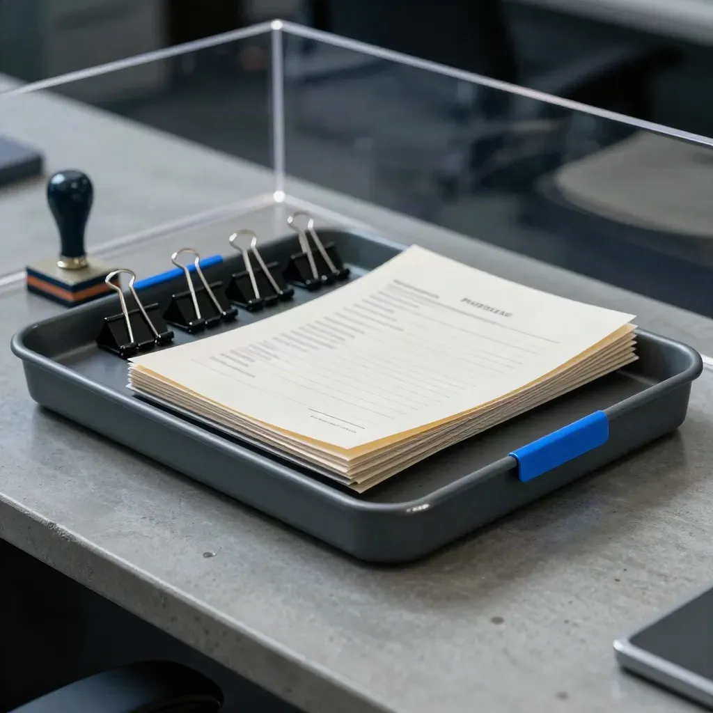 Approval trays, clips, and a rubber stamp seen through acrylic divider, lit in a dramatic office still life.