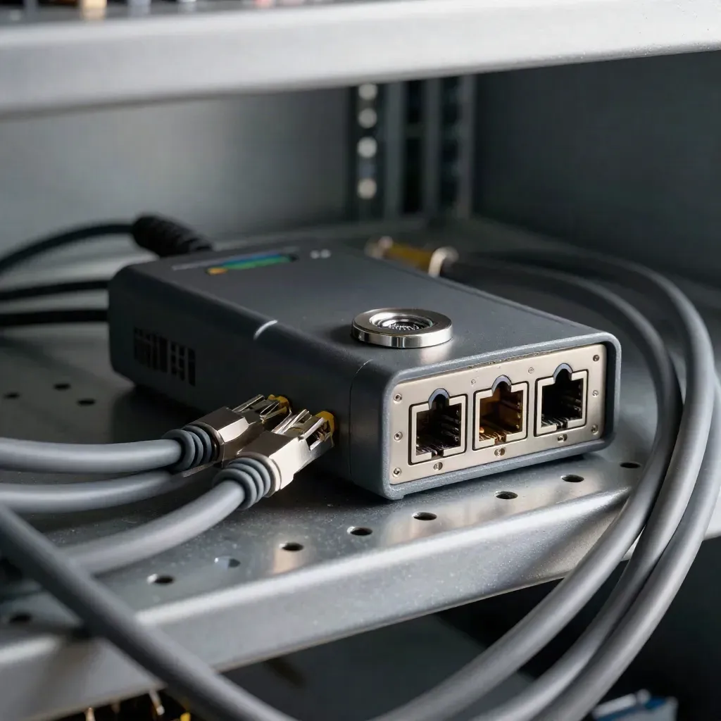 Network tester, couplers, security token and cable comb on a rack shelf in cool haze.