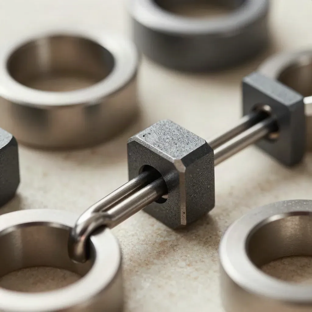 Macro of linked metal rings, graphite blocks, and a connector bar on pale limestone.