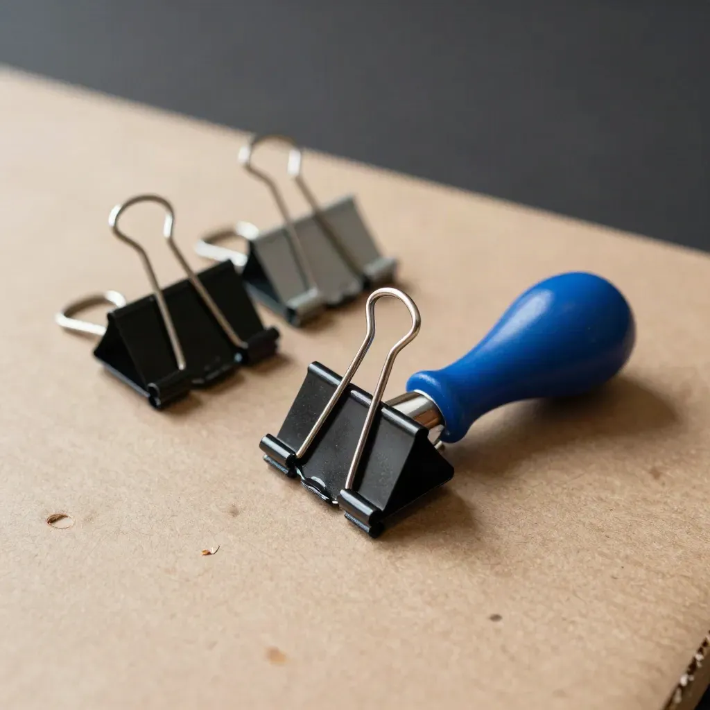 Worn binder clips, turned file tabs, and a rubber date stamp on dusty kraft board.