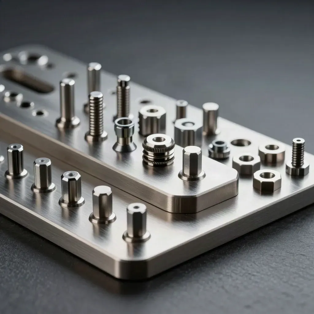 Steel integration hardware and fasteners on slate in dramatic studio light