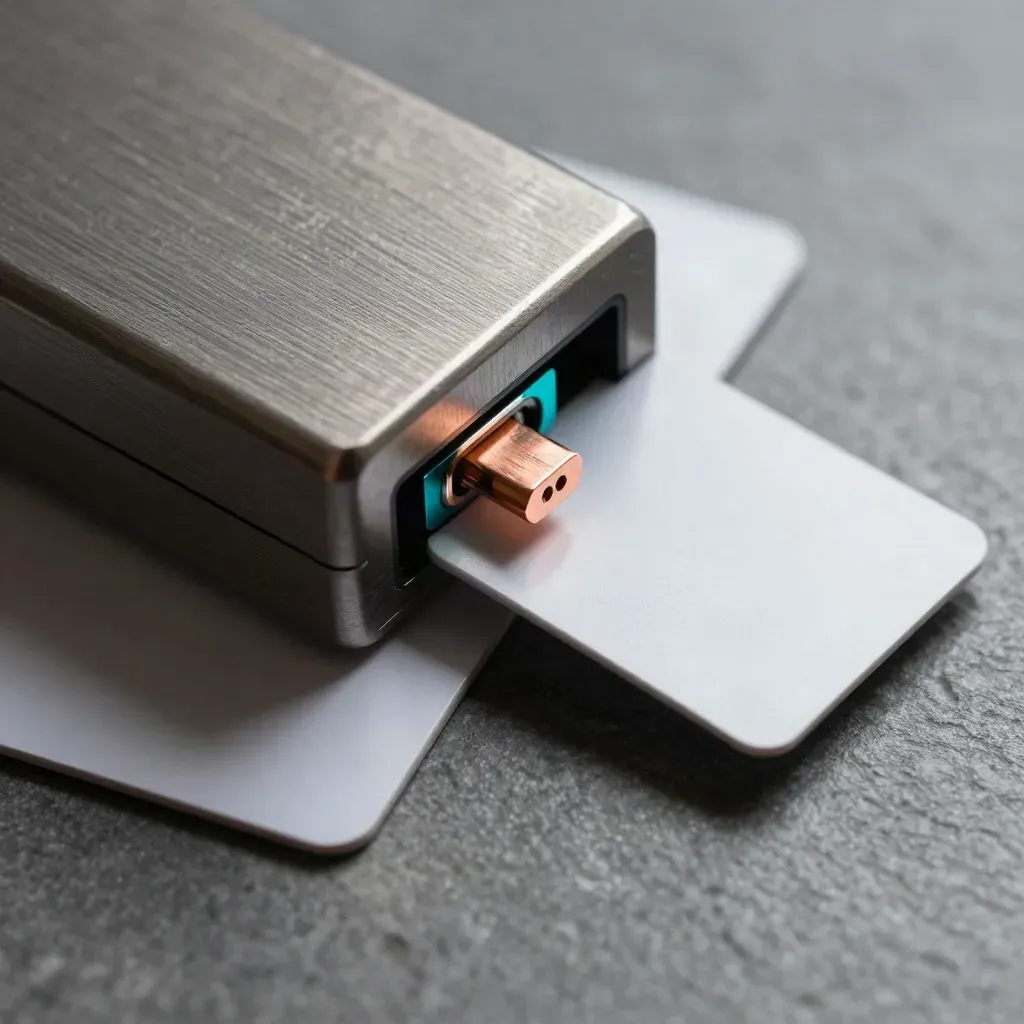 Extreme macro of card blanks, reader shell, and copper pins on graphite stone with teal accent