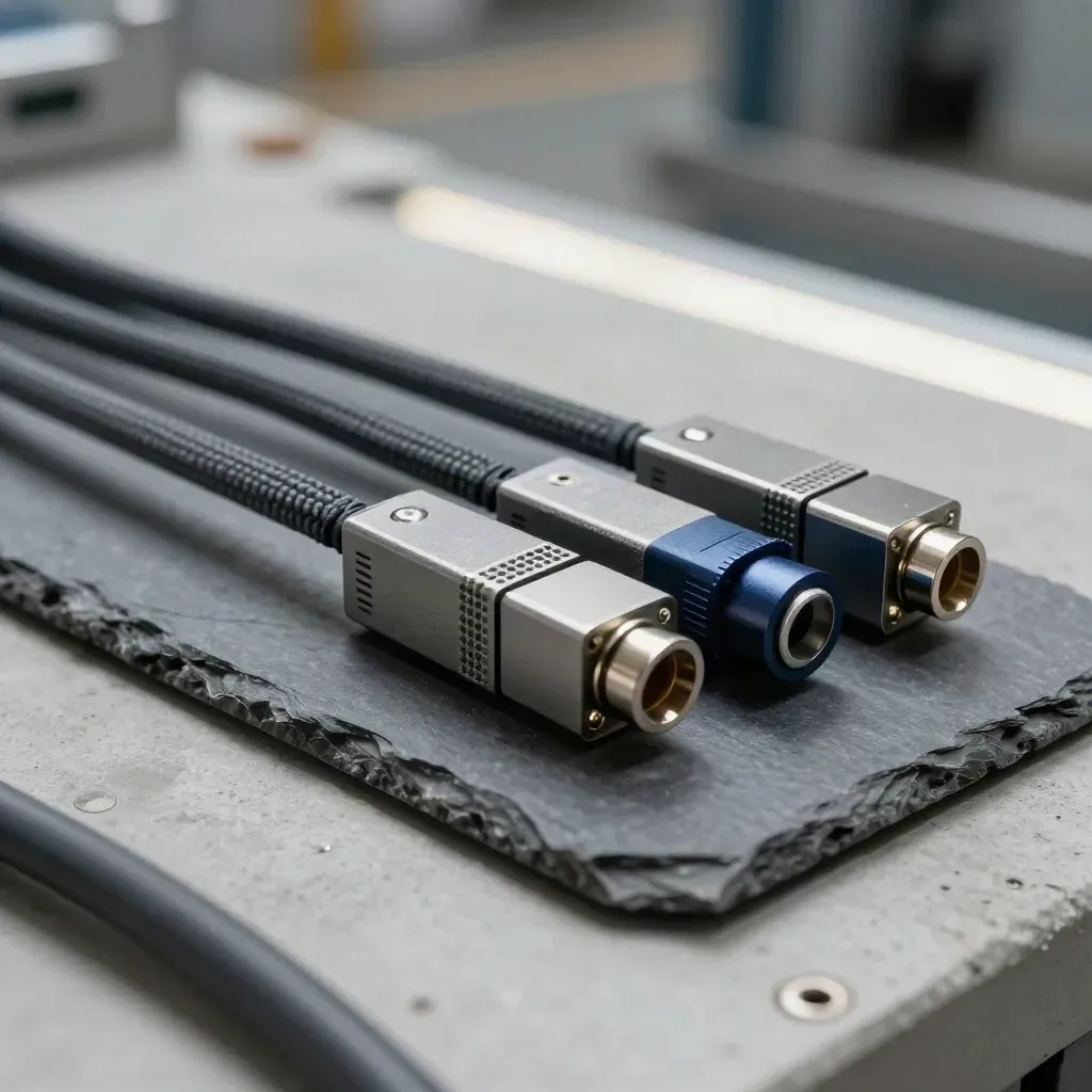 Top-down macro of modular routing blocks, cable ties, and a patch-panel clip set on slate.